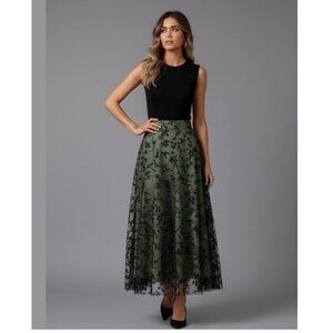 Floral Flocking Tulle Long A-Line Skirt Green